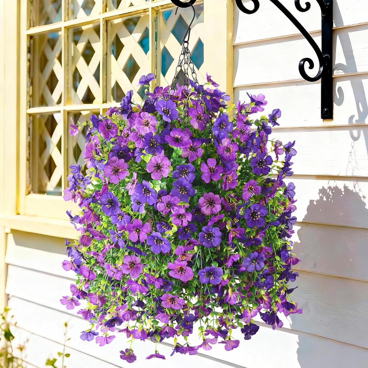 Artificial Hanging Flower Baskets, 4 Bundles UV Resistant Faux Flowers with Eucalyptus Leaves, Outdoor Spring Summer Porch Patio Balcony Hanging Planter Decor, Double Purple 15.7”x27.6”